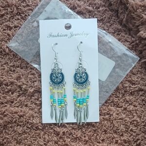 Beaded Earrings Hook On Pierced Blue And Yellow Beads With Metal